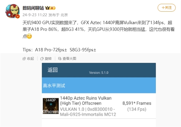 最强游戏芯预定！联发科天玑9400 GPU实测：超越苹果A18 Pro 86%