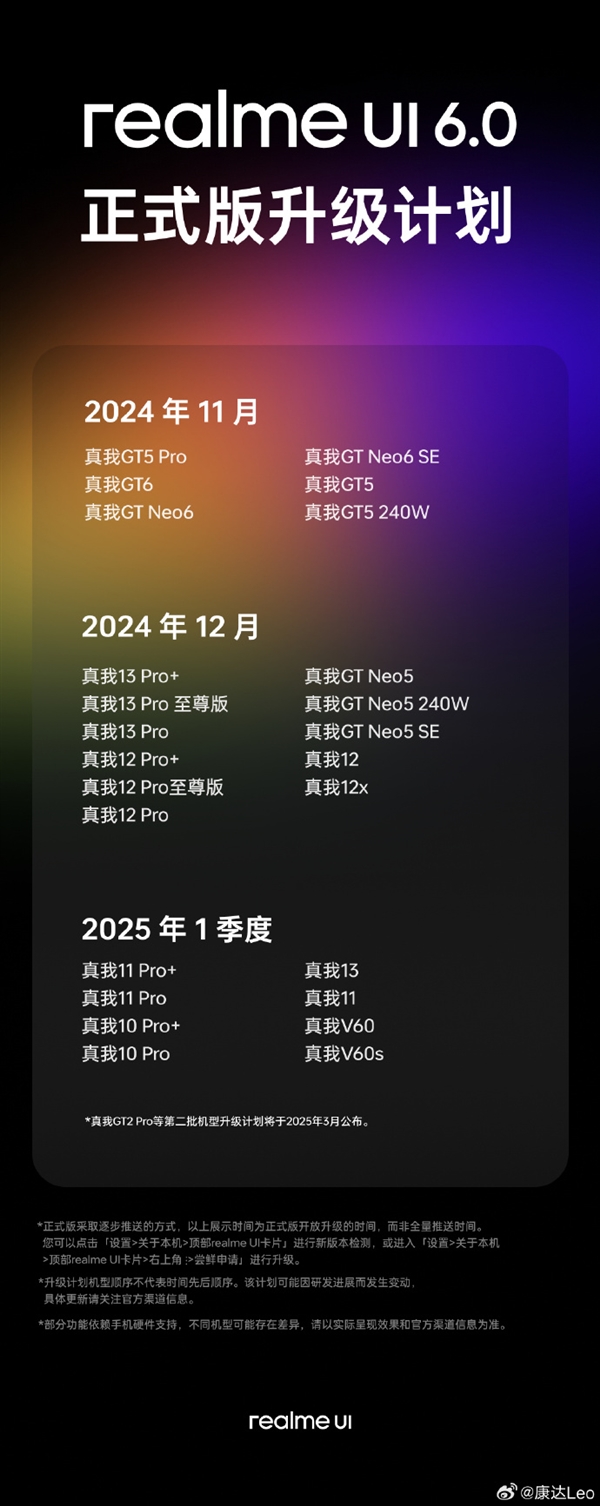 realme UI 6.0正式版升级计划发布：真我GT7 Pro首发搭载