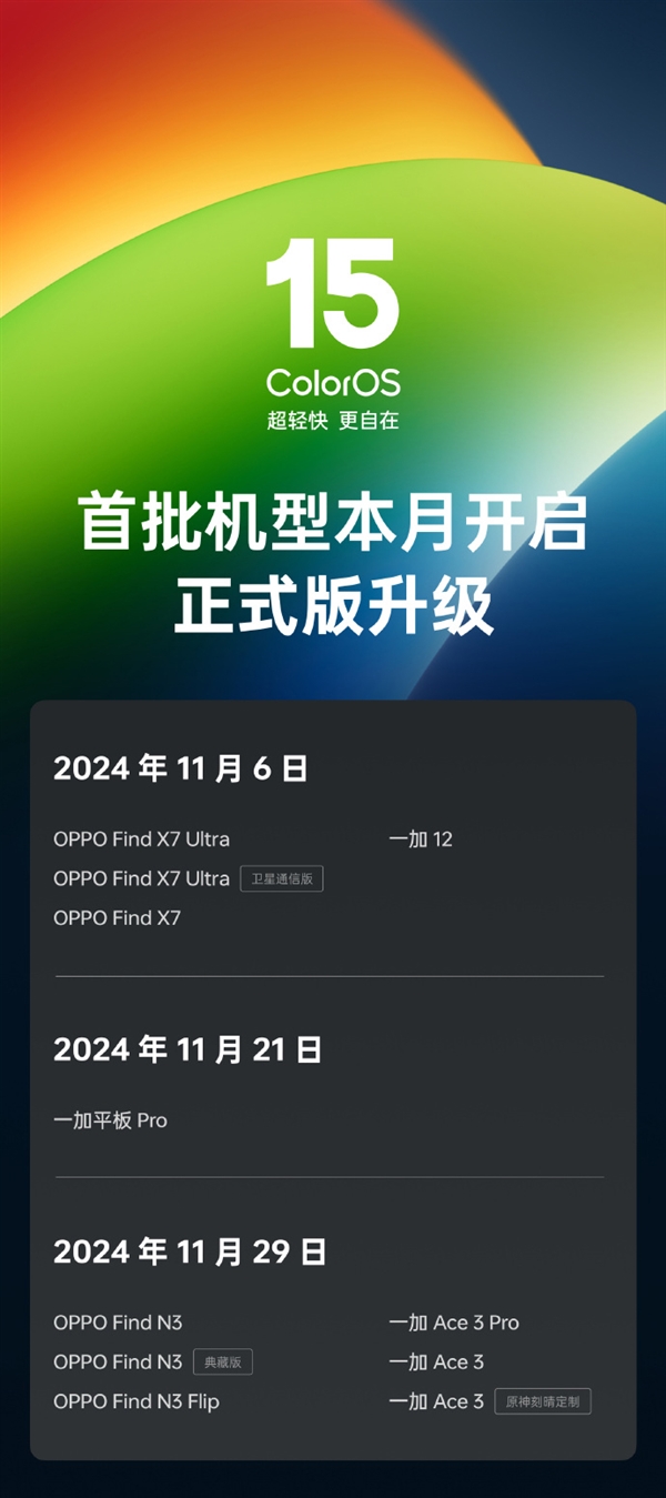 OPPO首批机型本月开启ColorOS 15正式版升级：涵盖Find X7等11款