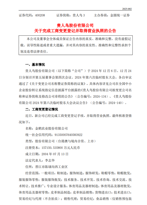 曾是A股首个运动品牌！贵人鸟正式更名金鹤农业：告别鞋服改卖粮食