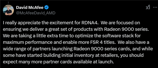 AMD RX 9070三月才发布：优化性能、争取更多FSR4游戏